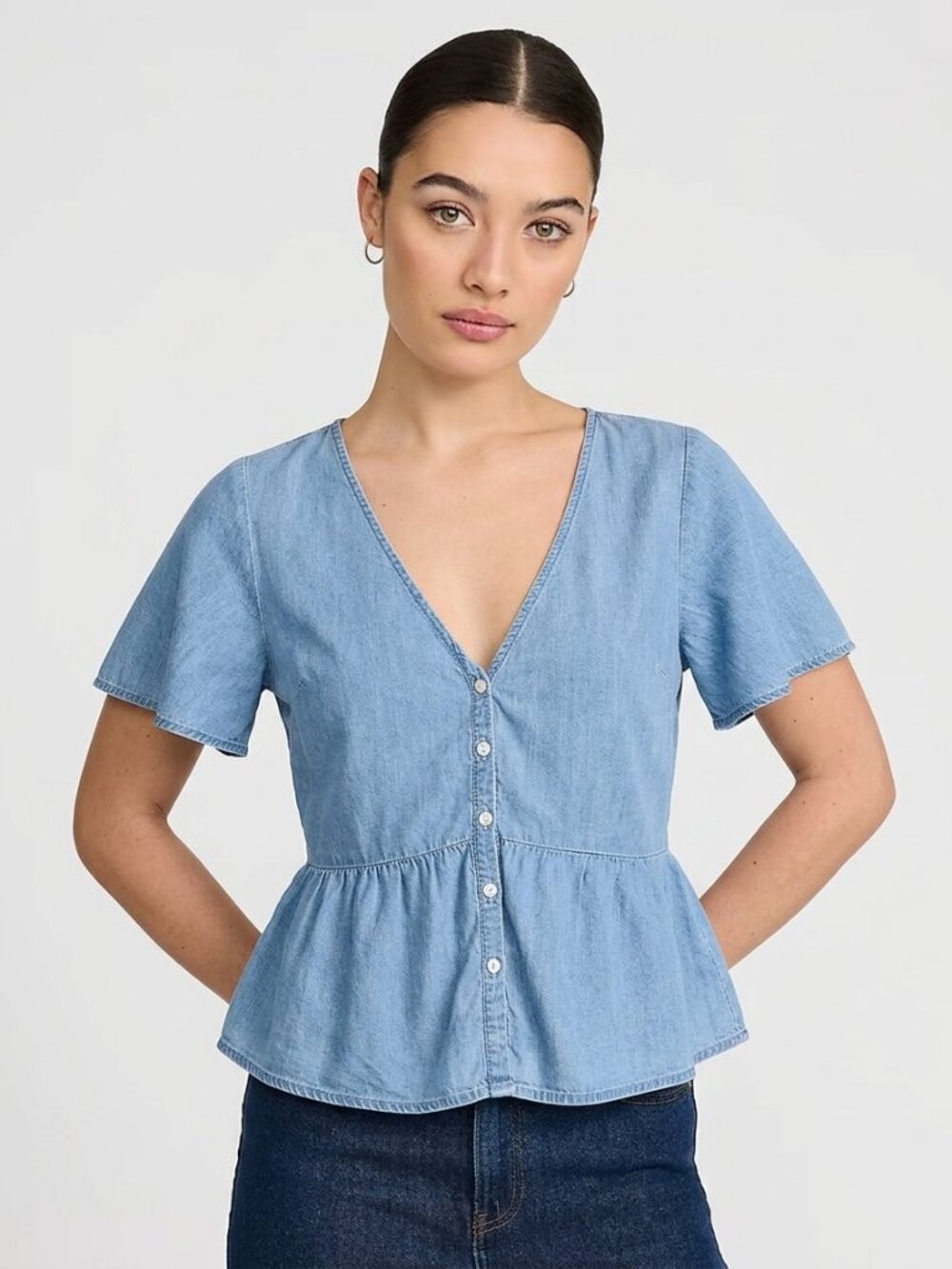 Express Lightweight Denim V-Neck Button Peplum Blouse